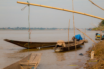 Fototapeta premium fishing boats. River khong nature landscape.