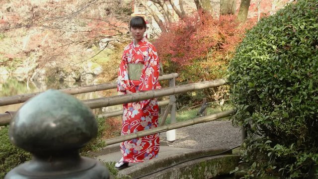 Japanese Beautiful Garden Red Kimono girl walking 