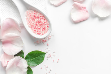 organic cosmetic with rose oil on white background top view