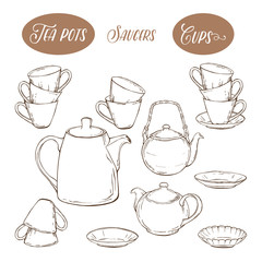 Big set utensil include cups, teapots and plates, on white background