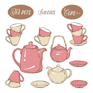 Big set utensil include cups, teapots and plates, on white background