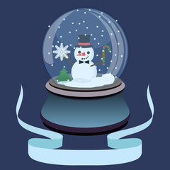 Flat illustration of christmas snow ball with little snowman and snowflakes.