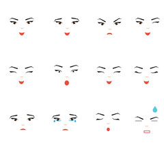 Girl face expressions, emotions. Woman, female emoji set, design elements