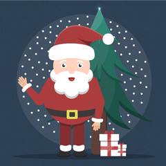 Vector cartoon illustration of Santa Claus with fir and gifts. Concept of Merry Christmas and Happy New Year.