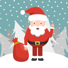 Vector cartoon illustration of Santa Claus and bag with presents. Concept of Merry Christmas and Happy New Year. 