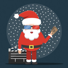 Vector cartoon illustration of Santa Claus in cinema with tickets. Concept of Merry Christmas and Happy New Year.