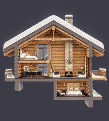 3d rendering section of chalet