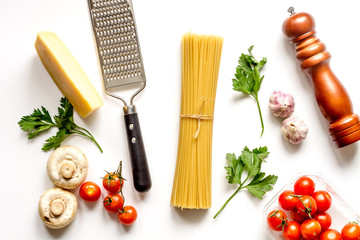 ingredients for cooking paste on white background top view