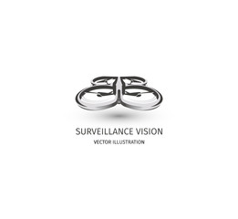 Isolated rc drone logo on white. UAV technology logotype. Unmanned aerial vehicle icon. Remote control device sign. Surveillance vision multirotor. Vector quadcopter illustration.