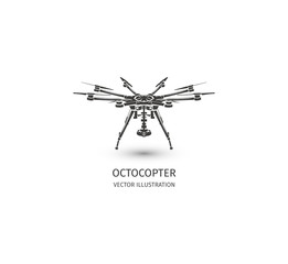 Isolated rc drone logo on white. UAV technology logotype. Unmanned aerial vehicle icon. Remote control device sign. Surveillance vision multirotor. Vector octocopter illustration.