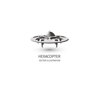 Isolated rc drone logo on white. UAV technology logotype. Unmanned aerial vehicle icon. Remote control device sign. Surveillance vision multirotor. Vector hexacopter illustration.
