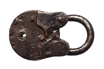 The old rusty lock close up isolated on white background