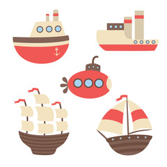 Vector set of ships, the steamers, the submarine