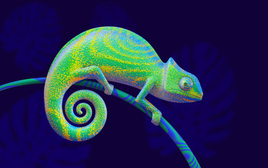 Bright green chameleon on branch, 3d rendering. View side