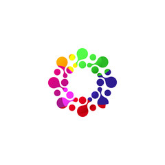 Digital colorful isolated circle logo template. Stylized abstract snowflake, flower or sun vector illustration. Polka dots round sign.