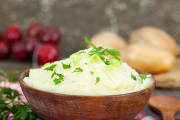 Mashed Potatoes with chopped green onion and parsley leaves