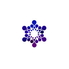 Digital colorful isolated circle logo template. Stylized abstract snowflake, flower or sun vector illustration. Polka dots round sign.