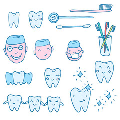 Kawaii dentist - vector set of hand drawn objects. Cute sketch with doctor, teeth, toothbrush, smile and dental tools