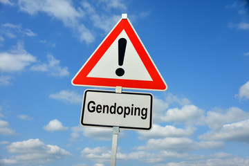 Gendoping, Gentechnik, Doping, Bodybuilding, Humangenetik, DNA, Schild, Achtung, Warnung, symbolisch, Organismus, Gentherapie, Medizin, Medikamente, Genforschung, Genmanipulation