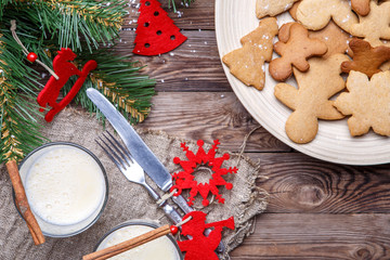 Christmas eggnog, cookies on table