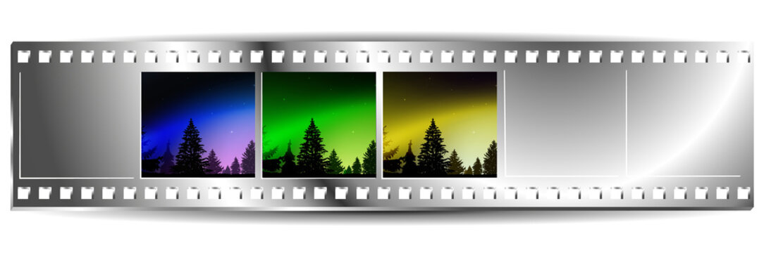 Film  strip  with set of three colorful nature landscapes. Night. Northern lights. Silhouette of pine trees. Blue, green and yellow tones.