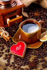Cup of black tea and heart shaped cookies, for valentine's day