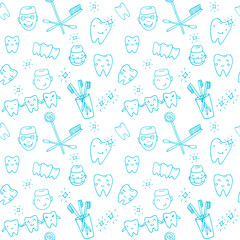 Seamless vector pattern - kawaii dentist, set of hand drawn objects. Cute sketch with doctor, teeth, toothbrush, smile and dental tools - 131529100