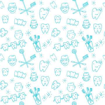 Seamless vector pattern - kawaii dentist, set of hand drawn objects. Cute sketch with doctor, teeth, toothbrush, smile and dental tools