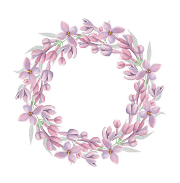 Watercolor floral wreath with lilac flowers