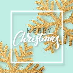Christmas background with Shining gold Snowflakes. Lettering Merry Christmas card vector Illustration.