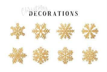 Snowflakes decoration Christmas and New Year's symbols. Set 8 golden different snowflakes of handmade. Winter objects. Festive elements.