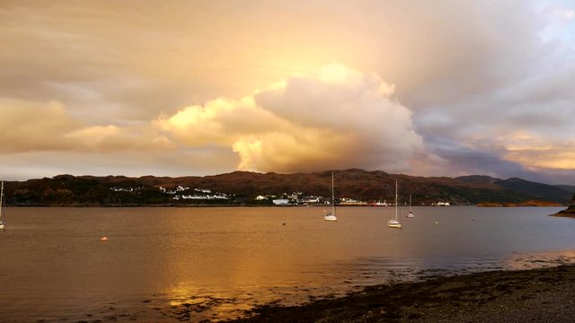 Small boats at Kyle Akin during sunset time in late summer, Kyle of Lochalsh, Isle of Skye, Highland Region, Scotland, United Kingdom
