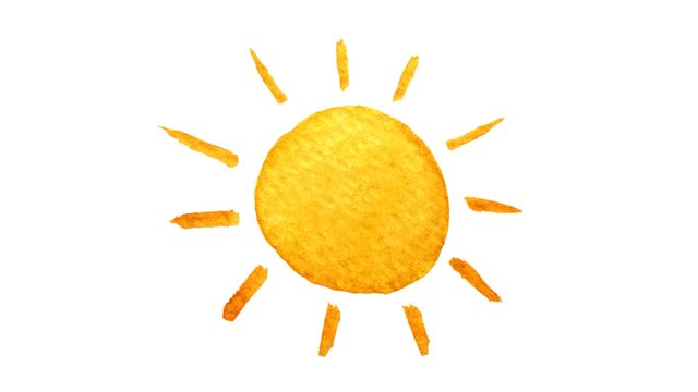 Cute cartoon sun painted in watercolor. Seamless loop animation. Hand drawn illustration on transparent background. PNG plus Alpha channel. In 4K ultra HD resolution.