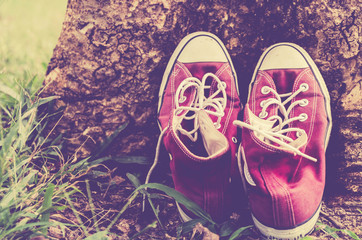 vintage retro red shoes , high-tops sneakers ,travel concept