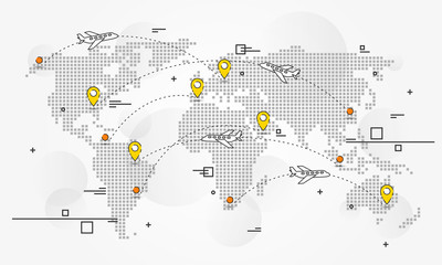 International flights vector illustration. Global communication with planes and paths creative concept. Worldwide airplane transportation graphic design.