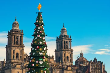 Papier Peint photo Mexique Cathédrale métropolitaine et décorations d& 39 arbre de Noël à Zocalo. Mexico