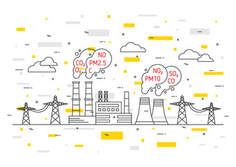 Air pollution vector illustration. Electric power station and toxic smog (smoke, fog) concept. Coal electricity industry with hazardous elements (co2, dioxide, carbon, no, no2, pm10) graphic design.