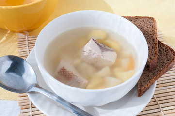 Dinner: a plate of fish soup with black bread  