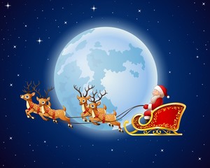 Naklejka premium Santa Claus rides reindeer sleigh against a full moon background