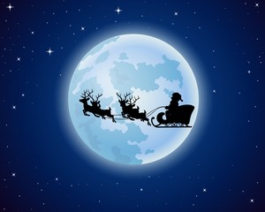 Santa Claus rides reindeer sleigh silhouette against a full moon background 