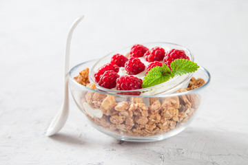 muesli, cottage cheese and raspberry in a bowl on a table, selective focus