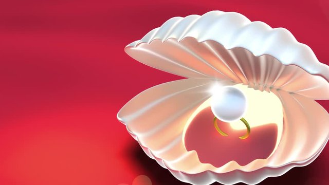 Beautiful and romantic 3d animation for wedding and marriage proposal. Elegant sea shell with a shiny pearl ring. Heart shape bokeh effects slowly moving in the air.