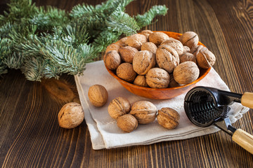 walnuts on a wooden background, selective focus
