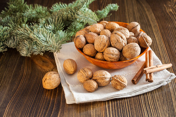 walnuts on a wooden background, selective focus