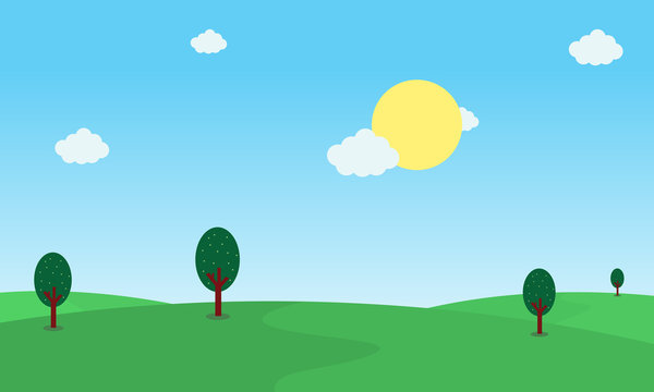 Illustration of hill and sun landscape at morning