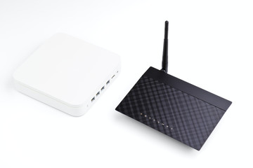 White and black wireless routers