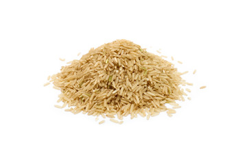 pile of raw brown rice isolated on white