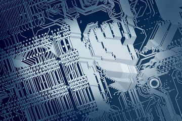 technology concept background - blue motherboard with lighted oval spot light pattern lines, faded into dark at the sides