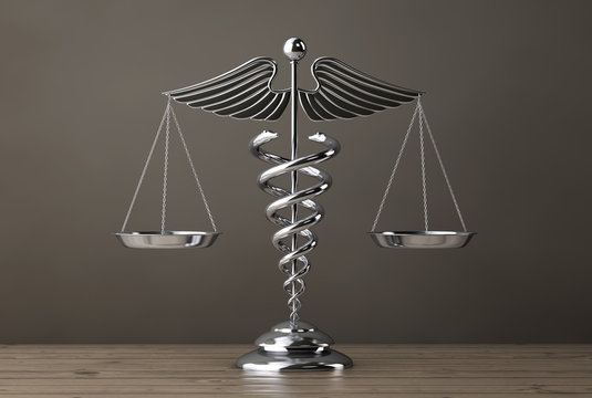 Silver Medical Caduceus Symbol As Scales. 3d Rendering