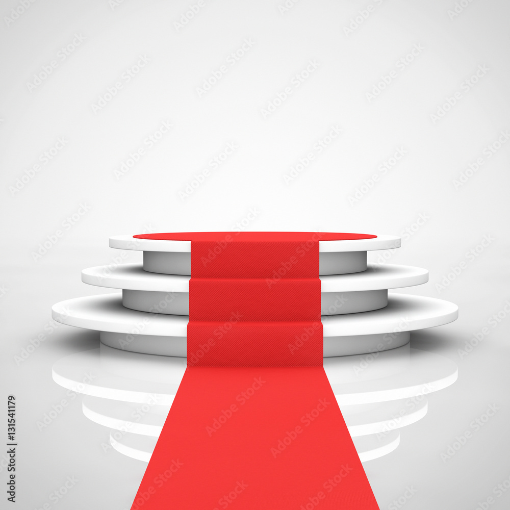 Poster round white pedestal with steps and a red carpet. 3d rendering